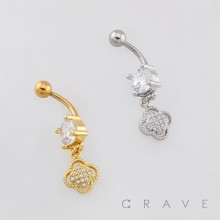 DANGLING MULTI CZ CLOVER CHARM DANGLE BELLY BUTTON NAVEL RING 316L SURGICAL STEEL
